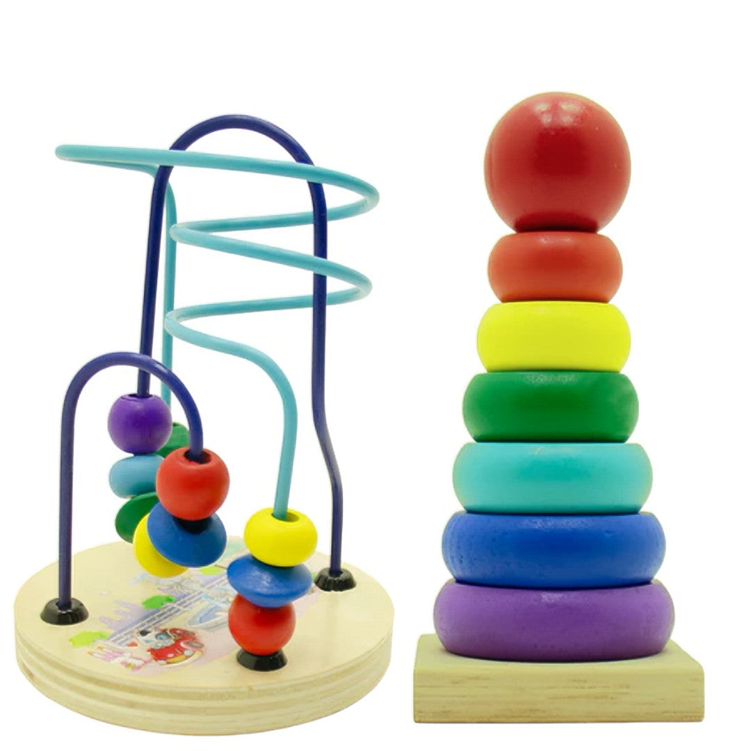 Kit 2 Brinquedos Educativos Montessori - Torre Colorida e Aramado Montanha Russa