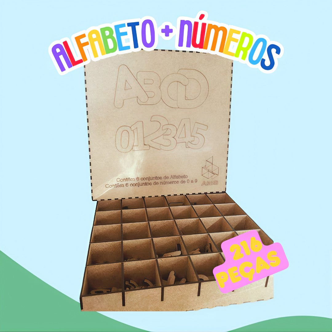🔤 EducaBox™ – Caixa Organizadora de MDF com Alfabeto e Números (216 Peças)