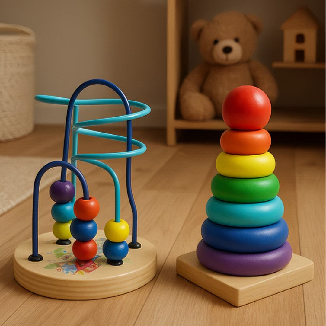 Kit 2 Brinquedos Educativos Montessori - Torre Colorida e Aramado Montanha Russa