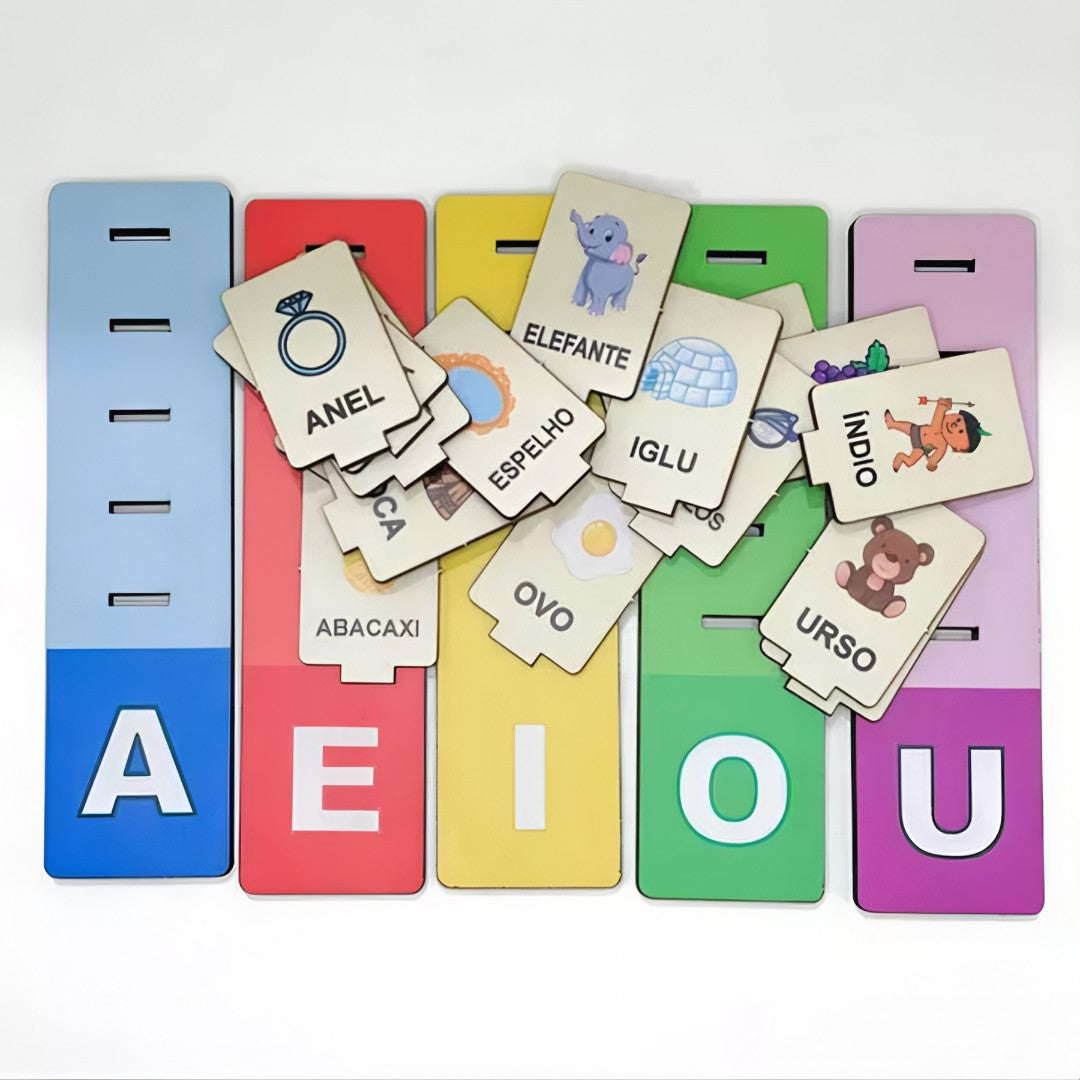 🧩 AEIOU Play™ – Jogo Pedagógico Montessori de Vogais em MDF